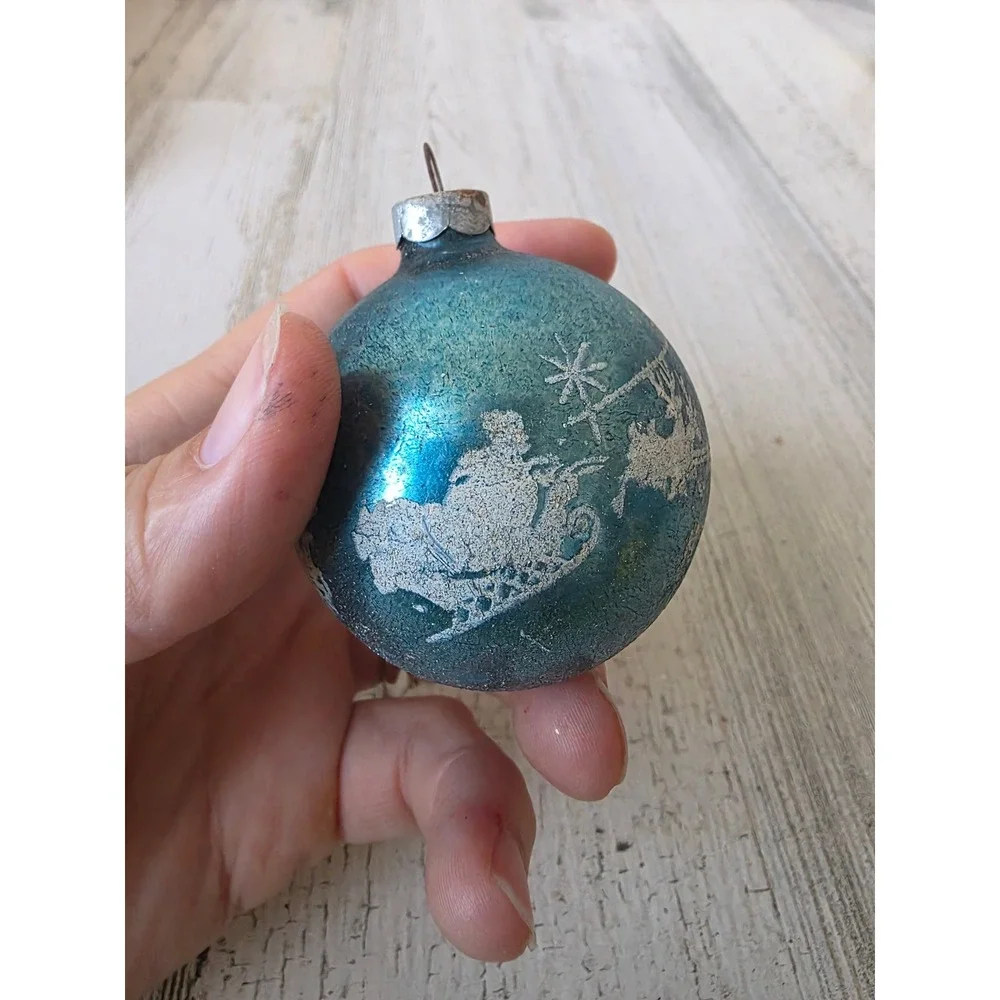 Vintage Santa reindeer stencil blue Glass ornament deer slay Xmas tree